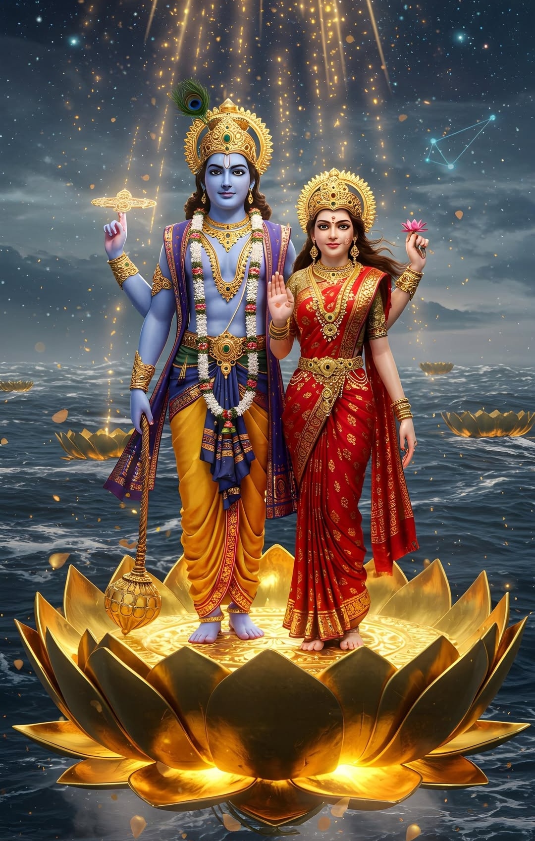 Lord Vishnu and Goddess Lakshmi Standing on Golden Lotus - GodsPhoto